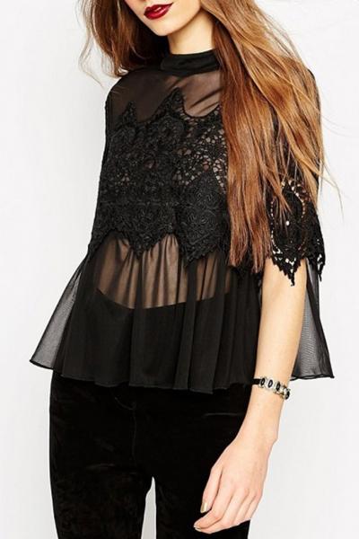Oasap Sweet Sheer Floral Lace Paneled Keyhole Back Blouse