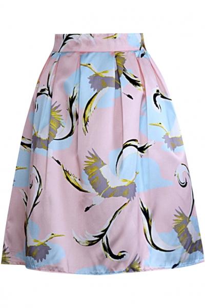 Oasap Fancy Crane Print Pleated Swing Skirt