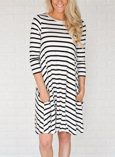 Oasap Round Neck Long Sleeve Striped Dress