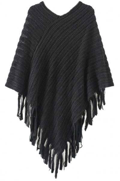 Oasap Chic Fringed Ribbed Knit Poncho