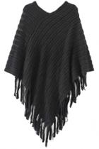 Oasap Chic Fringed Ribbed Knit Poncho