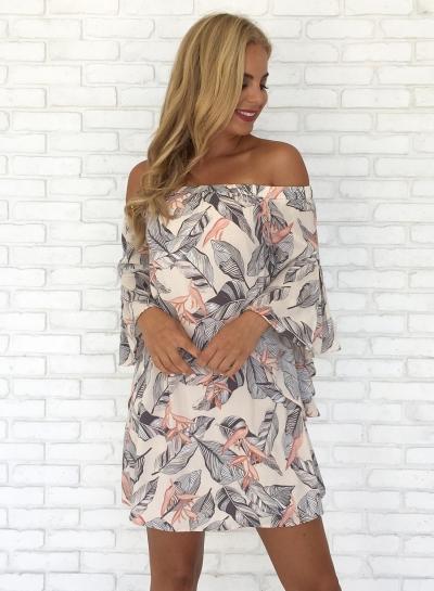 Oasap Leaves Print Slash Neck Mini Dress