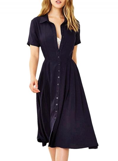 Oasap Women's Solid Color Button Down Stand Collar Shirt Dress