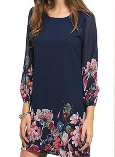 Oasap Long Sleeve Flower Printed Chiffon Dress