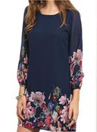 Oasap Long Sleeve Flower Printed Chiffon Dress