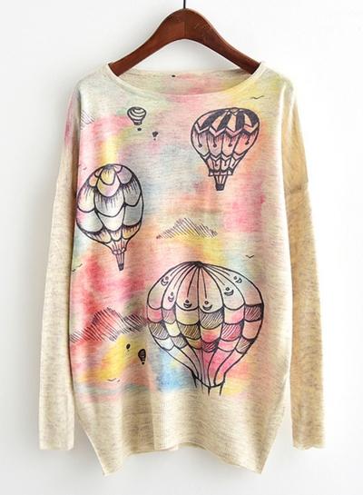 Oasap Round Neck Long Sleeve Balloon Printed Sweater