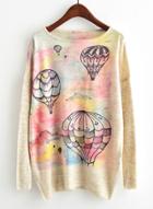Oasap Round Neck Long Sleeve Balloon Printed Sweater