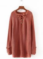 Oasap Lace Up V Neck Long Sleeve Pullover Long Sweater