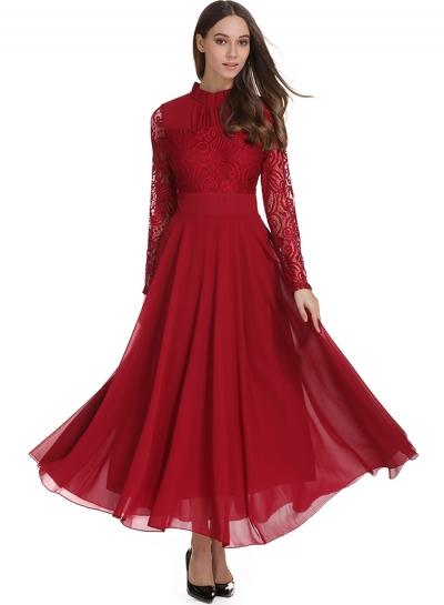 Oasap Stand Collar Long Sleeve Flounce Hem Lace Dress