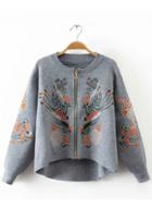 Oasap Round Neck Long Sleeve Floral Embroidery Cardigan