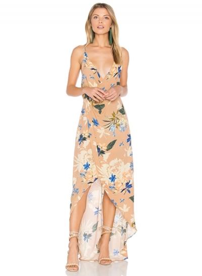 Oasap Floral Print Deep V Neck Slit Dress