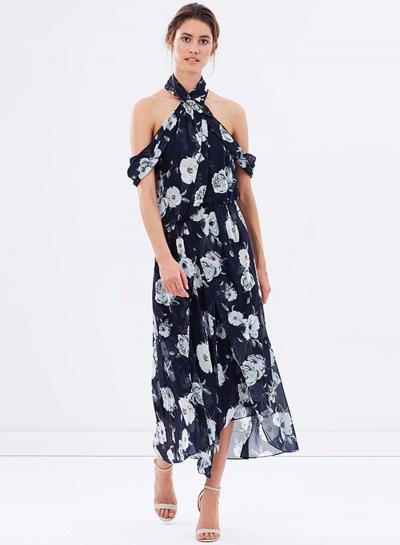 Oasap Halter Off The Shoulder Floral Print Split Dress