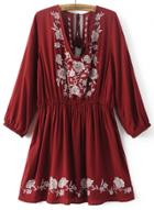 Oasap V Neck Long Sleeve Floral Embroidery Loose Dress