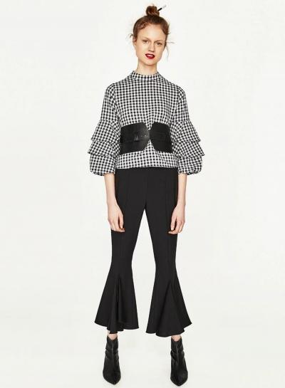 Oasap Plaid Blouse With Slotus Leaves