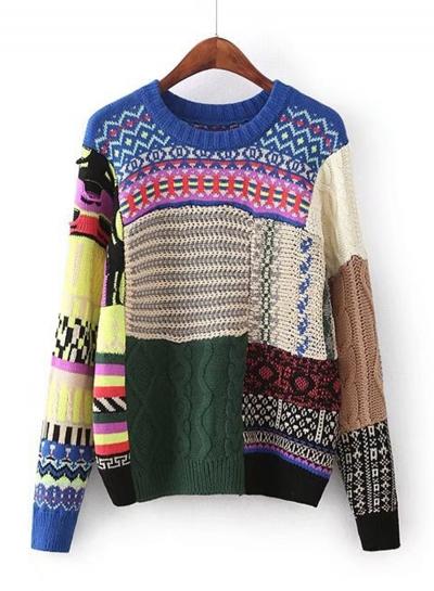 Oasap Long Sleeve Color Block Round Neck Pullover Sweater