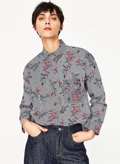 Oasap Grey Cute Floral Printing Shirt