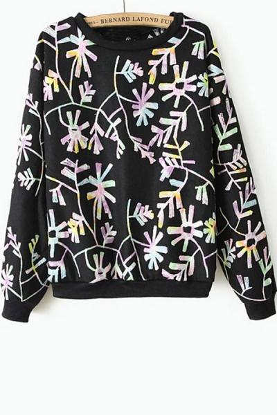 Oasap Dizzying Floral Embroidered Fleece Sweatshirt