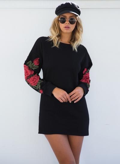 Oasap Long Sleeve Floral Embroidery Mini Pullover Dress