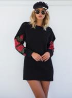 Oasap Long Sleeve Floral Embroidery Mini Pullover Dress