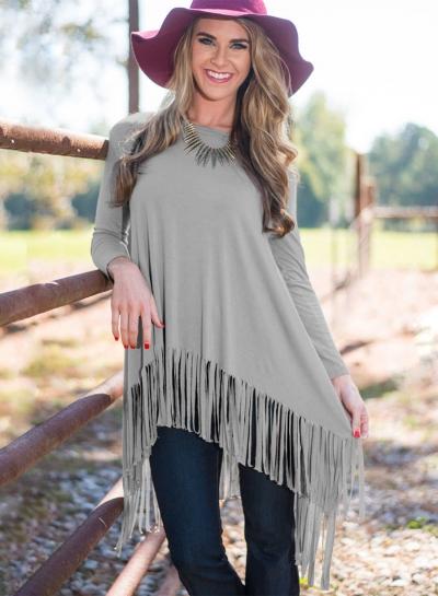 Oasap Round Neck Long Sleeve Solid Color Dress With Tassel