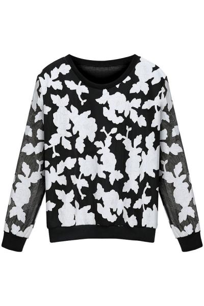 Oasap Black White Floral Pattern Sweatshirt