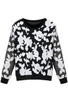 Oasap Black White Floral Pattern Sweatshirt
