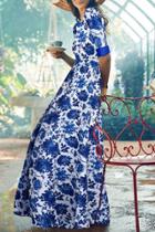 Oasap Blue Floral Print Half Sleeve Maxi Chiffon Dress