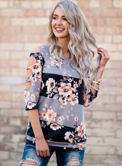 Oasap Off Shoulder Short Sleeve Floral Tee