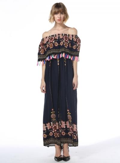 Oasap Off Shoulder Floral Maxi Dress With Tassel