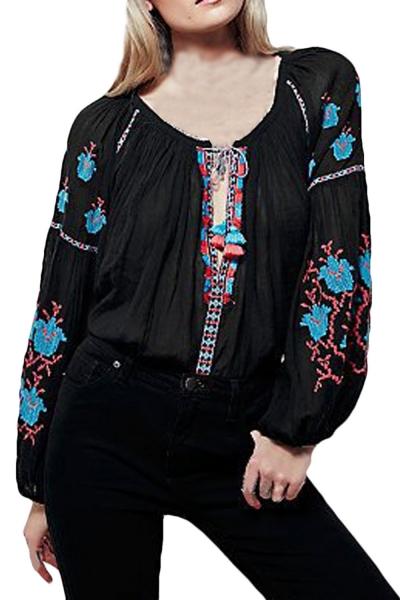 Oasap Women Boho Embroidery Print Deep V Loose Fit Blouse