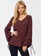 Oasap V Neck Drawstring Long Sleeve Loose Tee