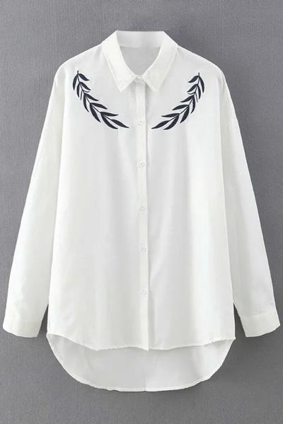 Oasap Sweet Embroidery Print High Low Design Button Down Shirt