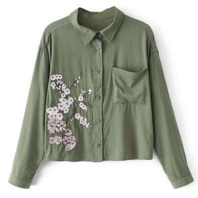 Oasap Plum Blossom Embroidery Long Sleeve Button Down Shirt