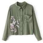 Oasap Plum Blossom Embroidery Long Sleeve Button Down Shirt