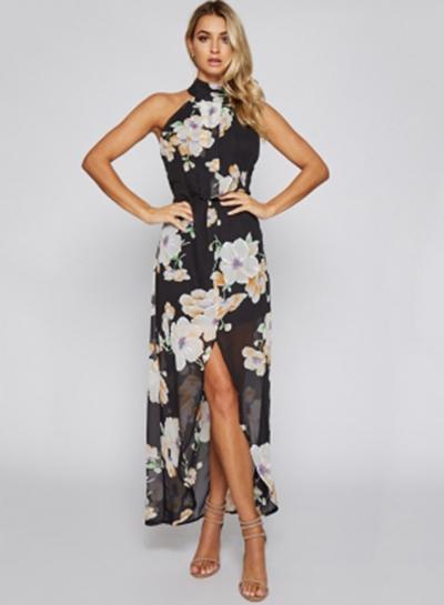 Oasap Halter Sleeveless Floral Print Elastic Waist Maxi Dress