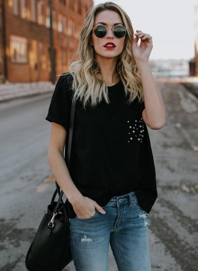 Oasap Round Neck Short Sleeve Beading Tee Shirt