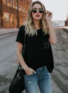 Oasap Round Neck Short Sleeve Beading Tee Shirt