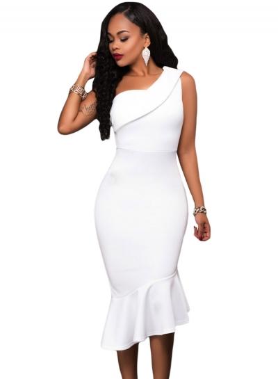 Oasap White Sleeveless Single Shoulder Ruffle Party Women Bodycon Dress