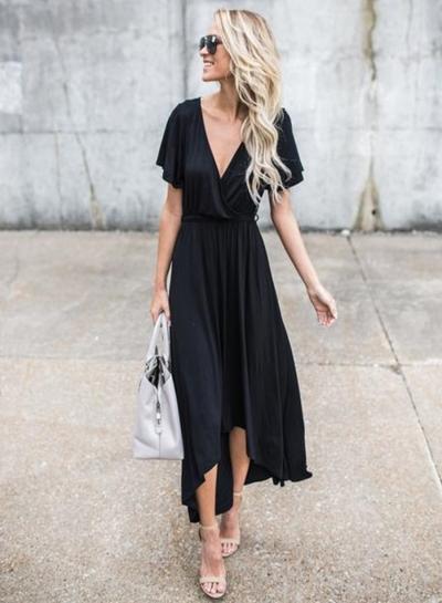 Oasap V Neck Short Sleeve Lace Up High Low Dress