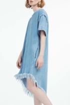 Oasap Simple Asymmetric Frayed Hem Loose Fit Denim Dress
