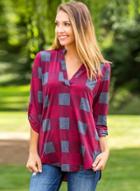 Oasap Burgundy Gray Plaid Long Sleeve Preppy Blouse