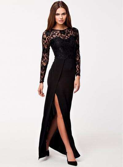 Oasap Elegant Long Sleeve Lace Split Maxi Dress