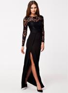 Oasap Elegant Long Sleeve Lace Split Maxi Dress