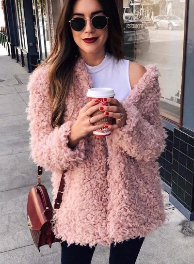 Oasap Solid Color Open Front Long Sleeve Fleece Coat