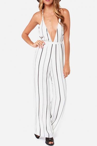 Oasap Impressive Striped Deep V-neck Wide Leg Jumpsuit