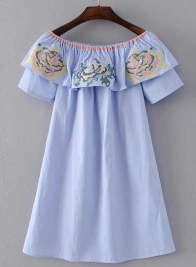 Oasap Fashion Off Shoulder Short Sleeve Floral Embroidery Dress