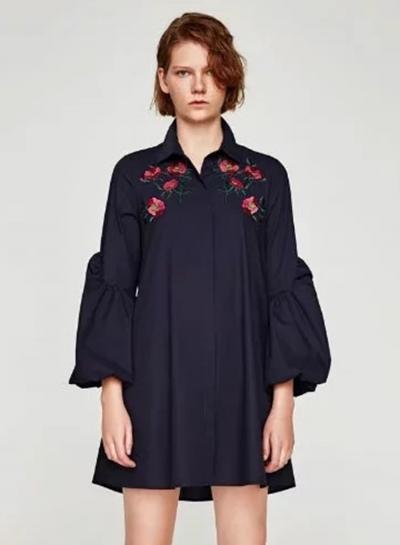 Oasap Vintage Turn-down Collar Lantern Sleeve Floral Embroidery Mini Dress