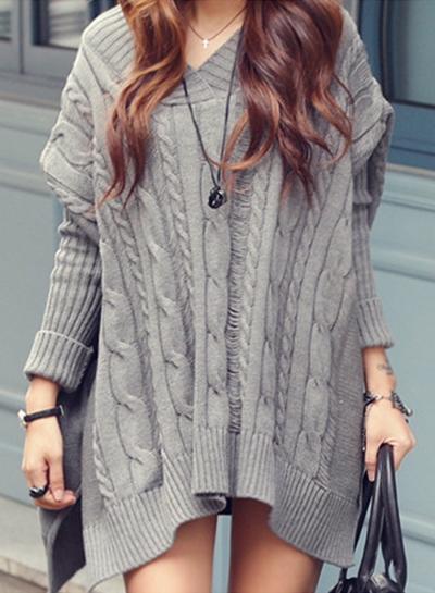 Oasap V Neck Batwing Sleeve Cable Knit Loose Sweater