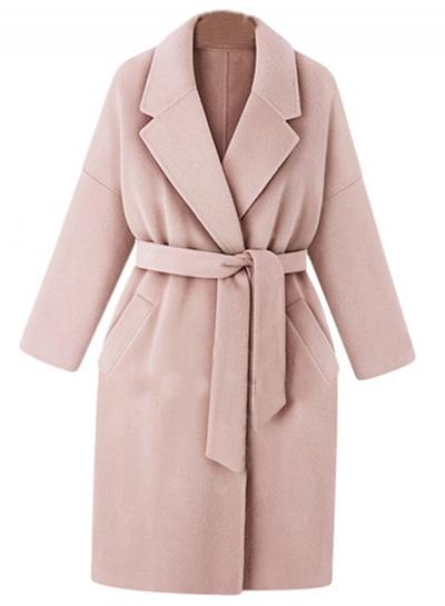 Oasap Turn Down Collar Long Sleeve Solid Color Wool Coat With Belt