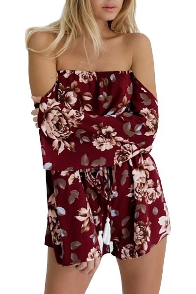 Oasap Women Floral Print Off-the-shoulder Long Sleeve Romper